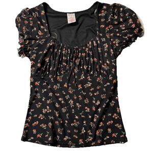 Black Mesh, Ditsy Floral Milkmaid BabyDoll Puff Sleeves, Lettuce Edge Top M NWT